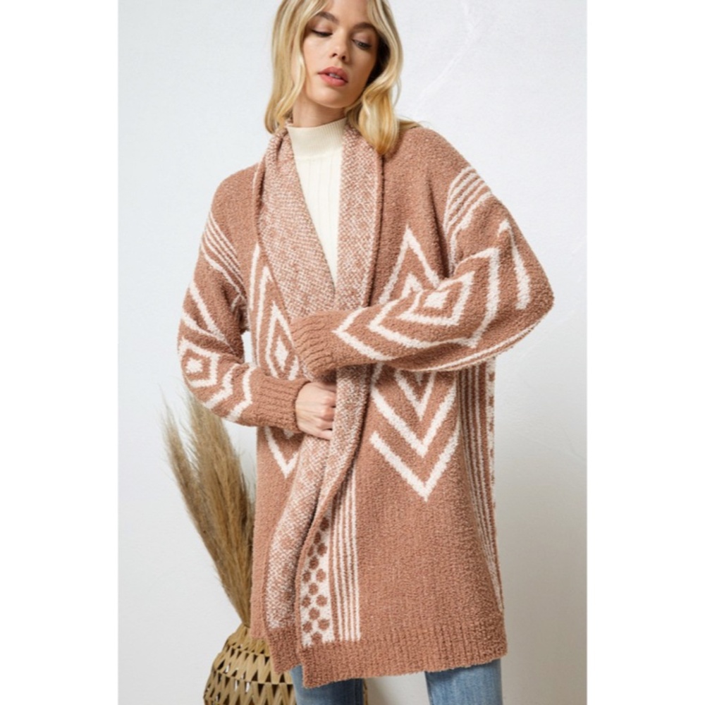 SOLD OUT Cozy Brown Soft Blanket Aztec Boho Tribal Knit Open Cardigan Sweater - Picture 3 of 8